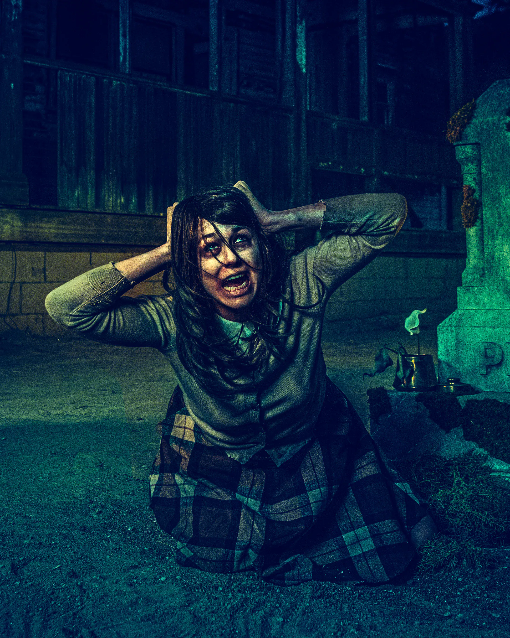 A figure lit green and screaming in Delusion: Reaper's Remorse, Thirteenth Floor Entertainment, where Katie Peabody played Lilly