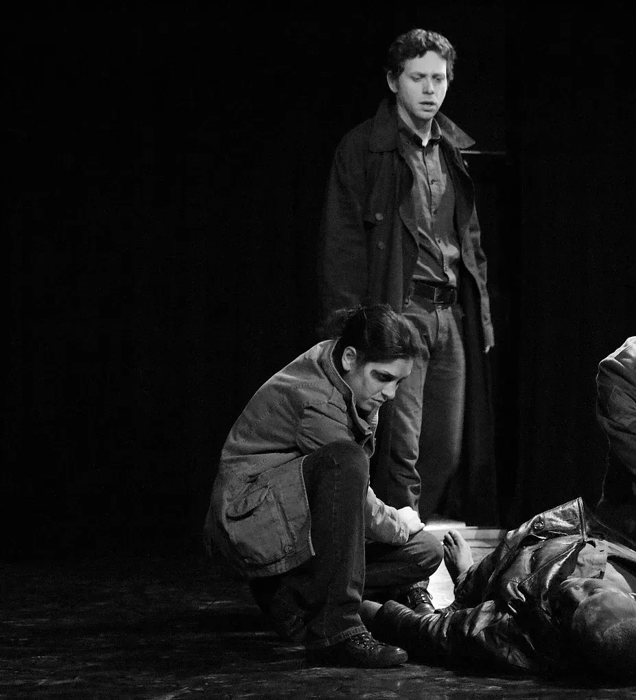 A black and white scene from Rose Queen, California Shakespeare Company, where Katie Peabody played Prince Edward and the Witch