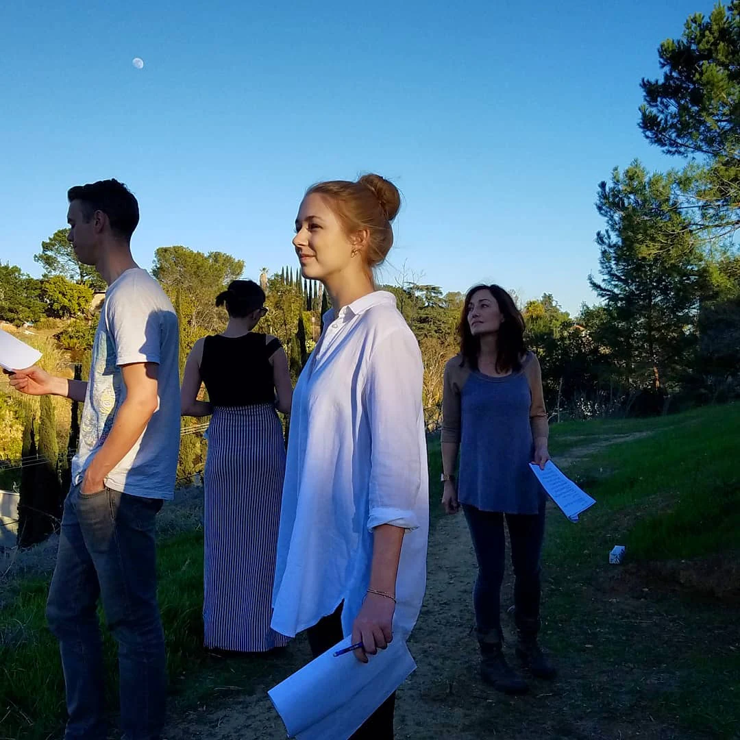 The company of Shakespeare's Sonnets, California Shakespeare Company, outdoors at Descanso Gardens with Katie Peabody among them